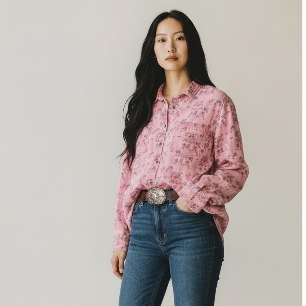 Billy T Pink Floral Split Back Button Down Denim Shirt Long Sleeve Textured Lg